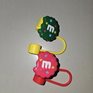 2 Straw Toppers  Green and Red Cookie With M & M Letter On It And Sprinkles